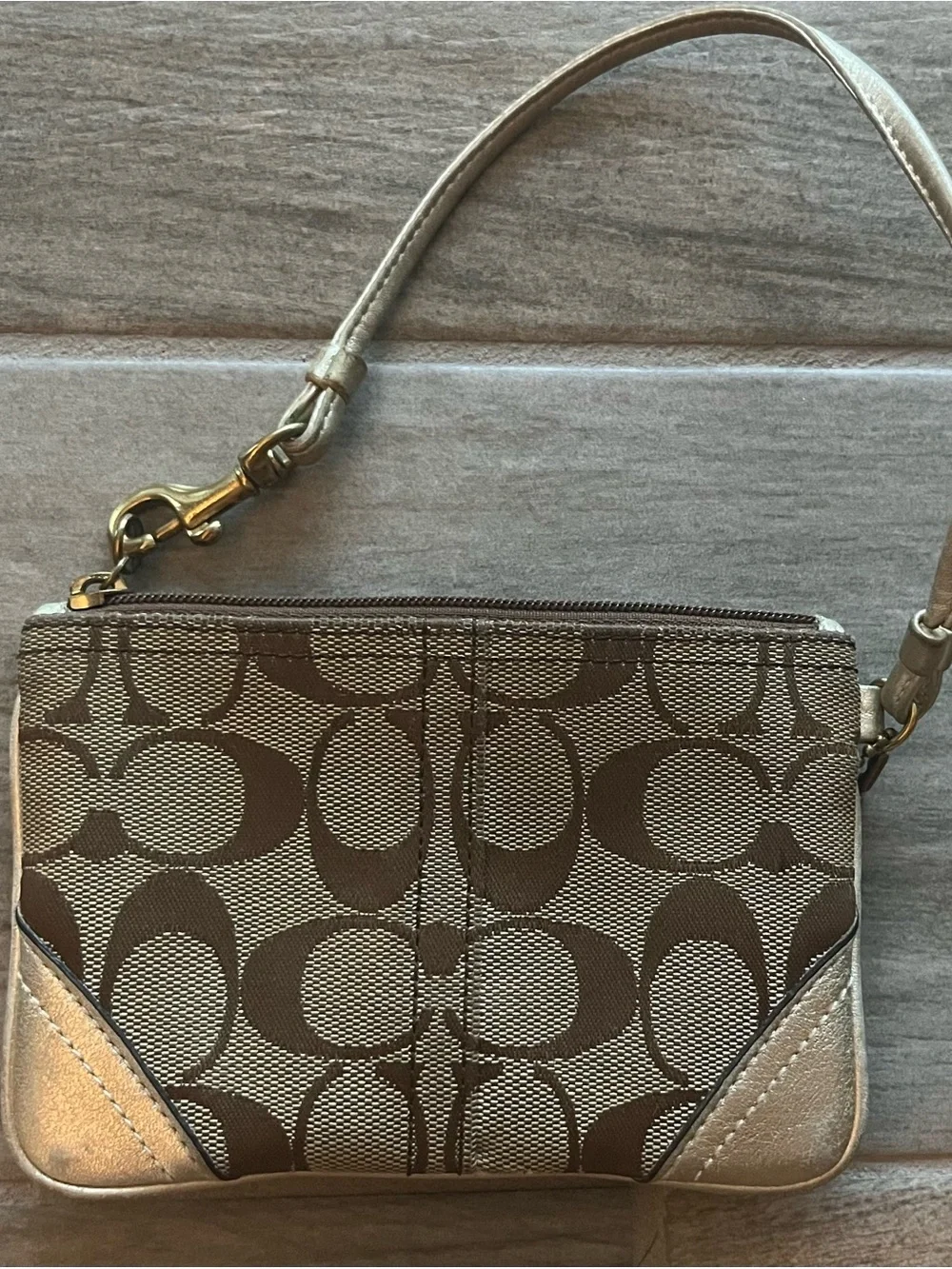 Coach Brown Signature Canvas Wristlet with Metallic Gold Trim